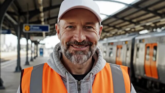 Happy train conductor in high-visibility vest smiles at the camera on a sunny day at a railway station