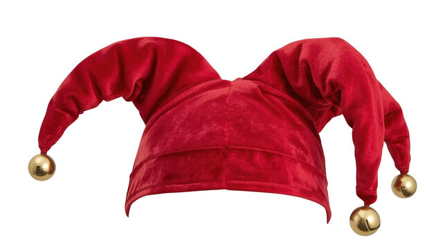 Red jester hat with gold bells positioned flat against a transparent background.