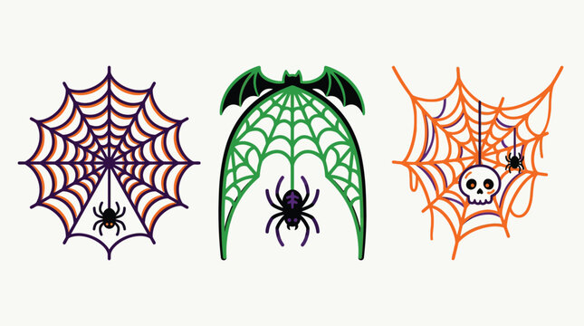 Spooky Halloween spider web vector elements with spiders and skull
