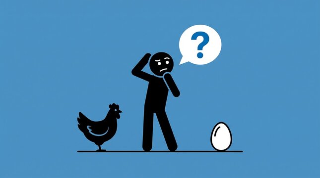 Conceptual stick figure illustration of chicken and egg dilemma, confused man with question mark, philosophical causality problem on blue background