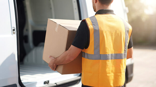 Delivery person carrying parcel box near open cargo van door, logistics and shipping service.
