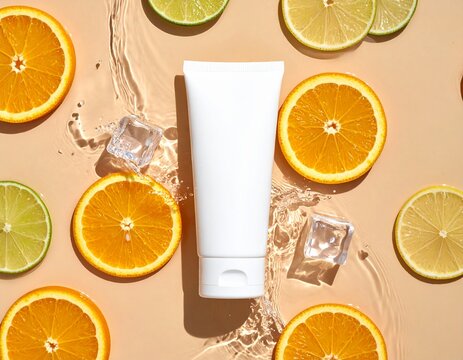 Blank white cosmetic tube mockup with fresh citrus slices and ice cubes.