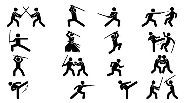 Martial arts stick figure icons set, black silhouette warrior symbols, 15 combat sport pictograms for training and self defense instruction