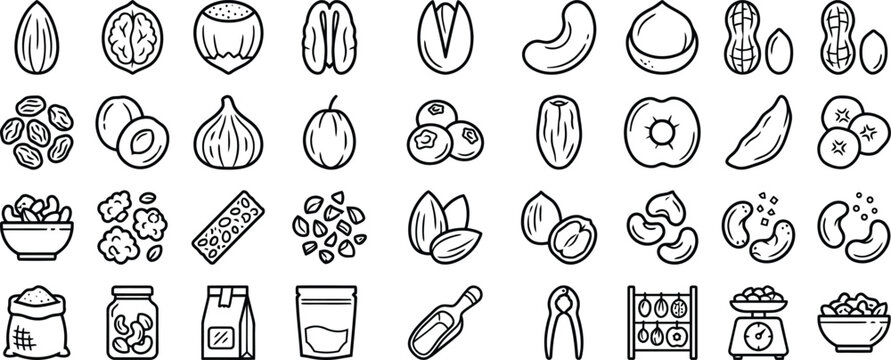 Nuts and Legumes Food Collection outline icon set. Featuring almond, walnut, peanut, pistachio, and kidney beans symbols. Vector icons for grocery labels, healthy snack packaging.