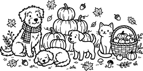 Fototapeta premium Autumn Pets with Pumpkins and Leaves Hand Drawn Illustration