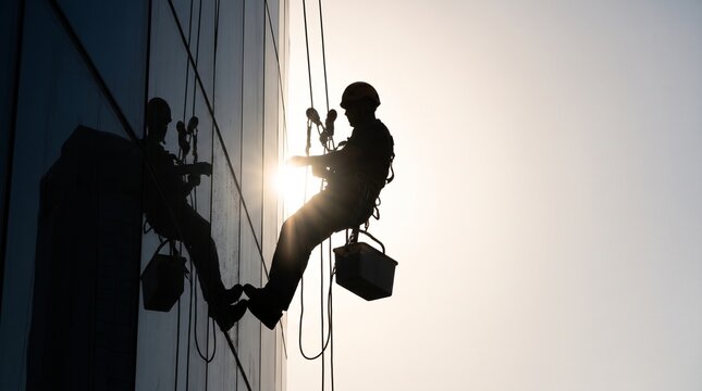Professional industrial climber window washer silhouette cleaning glass wall of tall skyscraper building against sky background