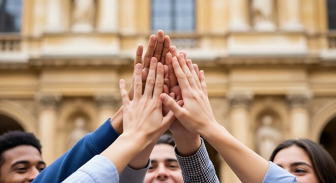 Diverse group of young professionals joining hands together in a powerful show of unity and shared commitment for a collaborative project