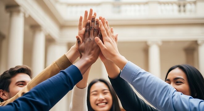 Diverse group of young people coming together to stack hands in a celebratory gesture of teamwork unity and collaboration