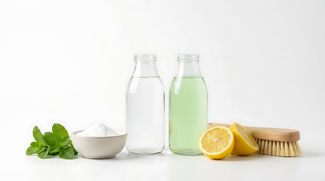 Two glass bottles with natural cleaning liquid vinegar baking soda mint and fresh lemon for house cleaning. Eco-friendly cleaner DIY