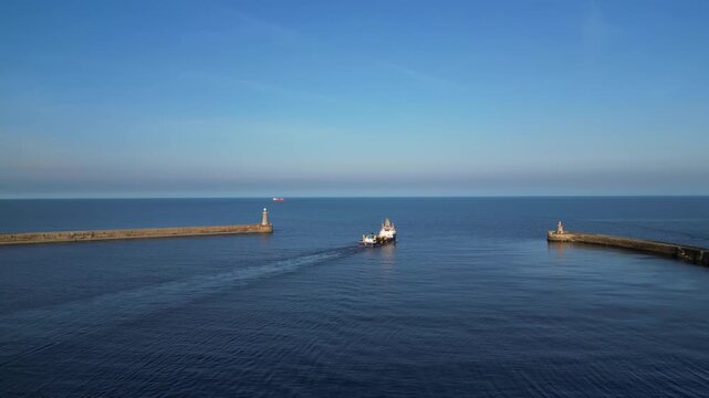 High Angle Drone Camera Footage of Newcastle upon Tyne Beach and Ocean. The Footage Was Captured at Just Before Sunset From Medium High Altitude From Sea Level on 13th October, 2025. 