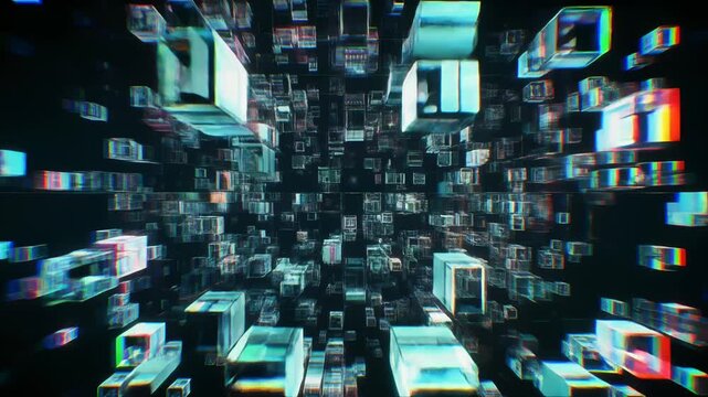 断片化したデータブロックが再構築されるデジタル空間