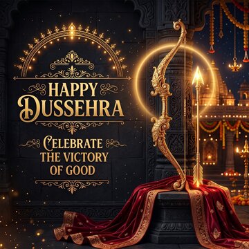 Golden bow and arrow against a dark background for the festival of dussehra with dussehra