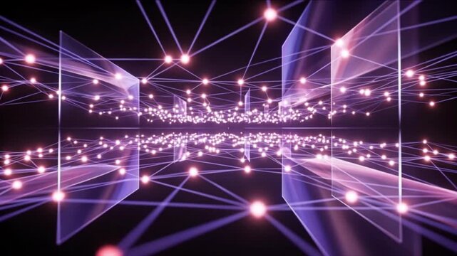 量子光導波路のノードが暗黒空間で発光連鎖するサイエンス背景CG