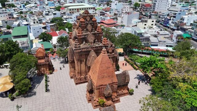 Aerial view of ancient Cham Ponagar (Po Nagar) towers in Nha Trang city, Vietnam