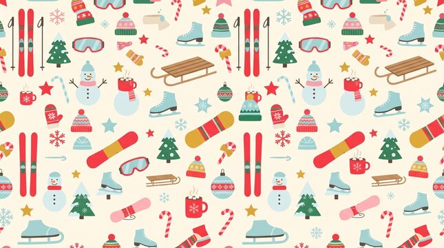 A seamless winter sports Christmas vector pattern featuring skis, snowboards, ice skates, wooden sleds, goggles, winter hats, mittens, scarves, snowy pine trees, hot cocoa mugs, snowmen, stars, snowfl