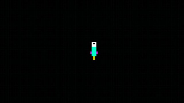Cyan pixelated spaceship character for video games, isolated on a black background. Perfect for retrostyle game development projects.