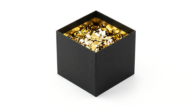 Black Gift Box with Golden Confetti Isolated on White