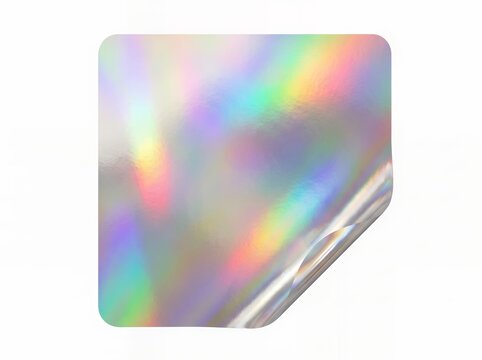 Futuristic rounded square with iridescent holographic rainbow surface and metallic reflections isolated on a minimal white background.
