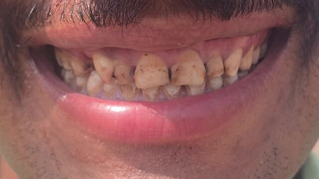 Damaged yellow teeth with plaque and decay, unhealthy male smile showing dental caries, close up of stained crooked teeth and gingivitis