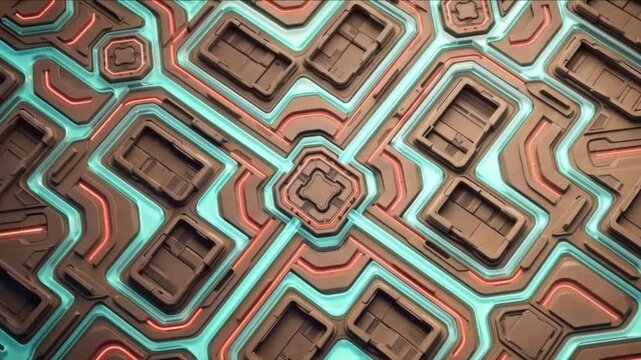砂漠にそびえる摩天楼屋上の幾何学ヘリポートが発光するクレイ風3D背景