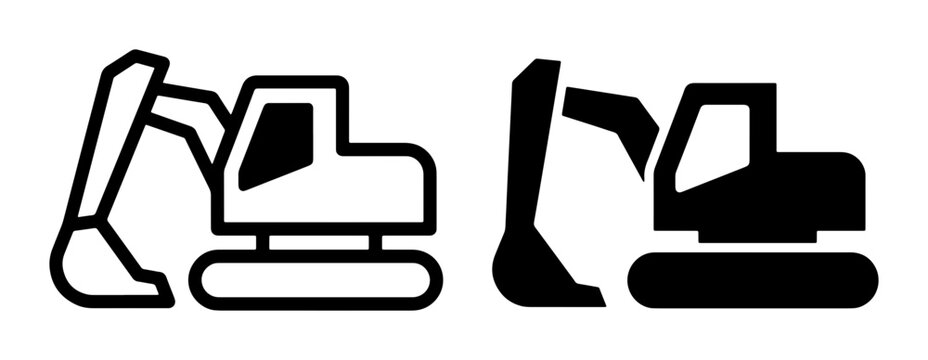 Excavator Icons: Line Art and Solid Fill, Construction Equipment Vector Graphics for Industry and Engineering Projects