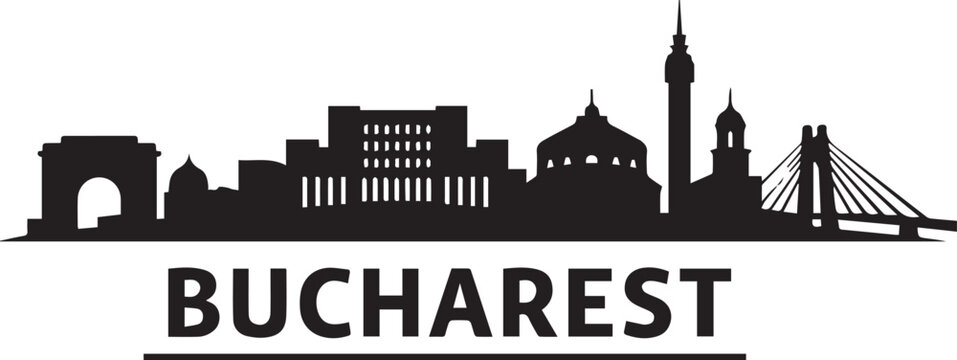 Minimalist black and white graphic illustration of the famous bucharest city skyline presented as a clean artistic silhouette