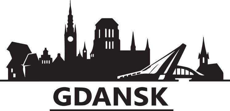 Graphic illustration of the famous gdansk city skyline featuring a minimalist black and white artistic silhouette