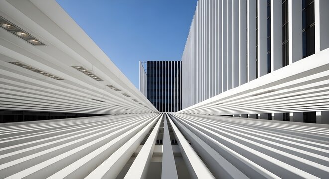 Futuristic Architectural Perspective featuring white geometric louvers and fins converging under a clear blue sky, ideal for corporate branding and technology backgrounds.