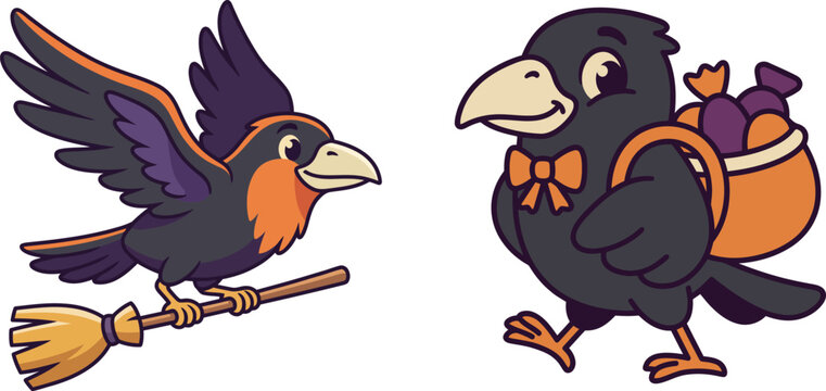 Two cute cartoon crows one flying on a magic broom and another carrying a backpack with supplies