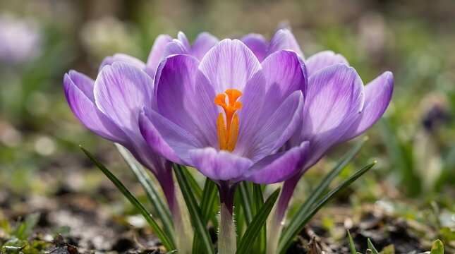 Purple crocus flowers blooming in a garden during early spring with natural light