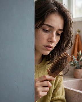 Vertical emotional candid portrait photography of young woman with hair loss concern holding comb near bathroom sink personal care self-esteem depiction