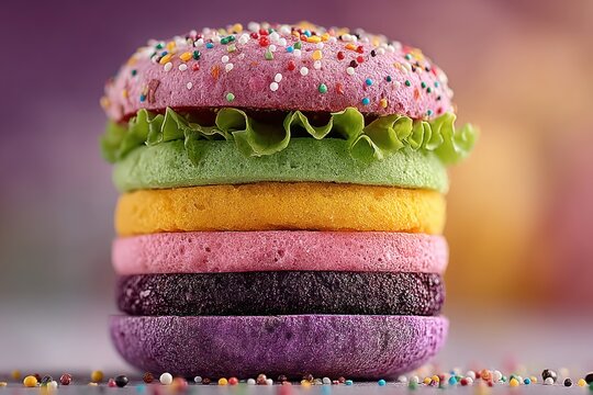 A vibrant, stacked confection with colorful layers resembling a burger, decorated with sprinkles