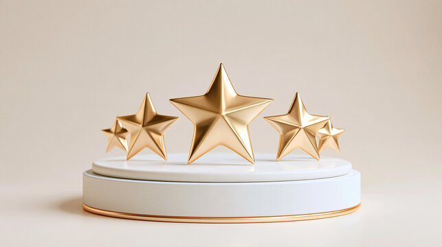 Three golden stars of varying sizes displayed on a white pedestal with a minimalistic beige background.