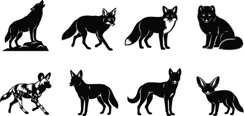 Obraz premium Vector silhouette collection of wolves, foxes, and wild dogs for wildlife illustration and design