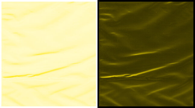 Yellow crumpled plastic texture background, wrinkled cellophane film surface, set of two abstract golden foil textures for graphic design