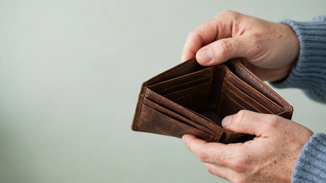 Minimalist photography of hands holding an empty leather wallet conveying financial hardship and personal crisis with a focus on economic downturn and budgeting