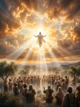 Jesus Christ Ascending to Heaven with Divine Light Rays and a Crowd of People Worshipping in a Biblical Landscape