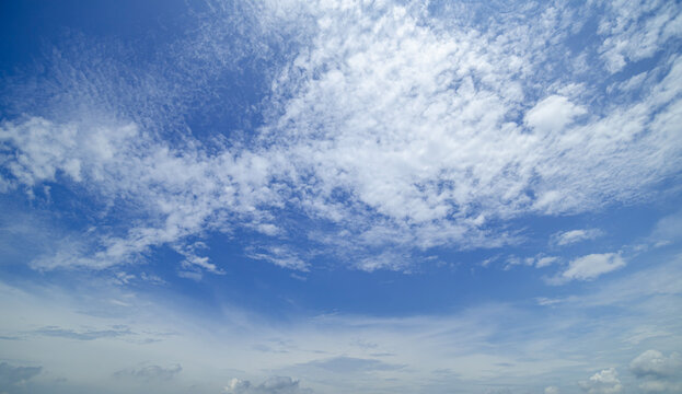 Clear Blue Sky with Soft White Clouds and Bright Natural Daylight Background, Beautiful Clear Blue Sky with Soft White Clouds and Ample Copy Space
Clear blue sky with soft white clouds on a bright sun