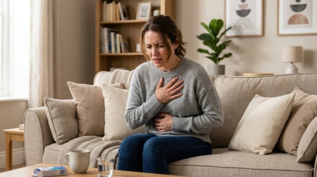 A woman suffering from acid reflux disease, holding her chest with a painful expression while sitting on a sofa, neutral living room interior, realistic soft lighting, high resolution photo.
