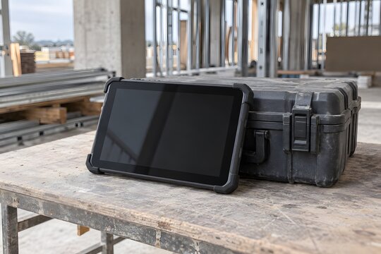 Rugged tablet and equipment case at a construction site