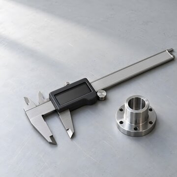 Digital caliper beside a machined metal component