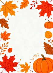 Fototapeta premium Autumn Border with Maple Leaves, Pumpkins and Berries, White Background