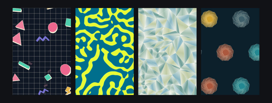 Set of four diverse graphic pattern backgrounds featuring memphis style geometric shapes and abstract textures