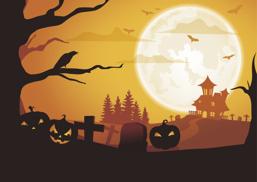 Halloween vector background asset. Spooky night pumpkin ghost bat cemetery haunted house scary full moon graveyard orange black silhouette horror scene holiday celebration poster design concept.