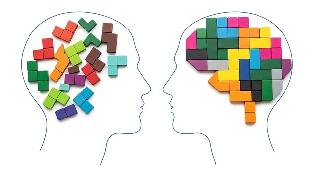 Human brain profiles represented by colorful wooden toy blocks showing creative logical thinking and mental organization