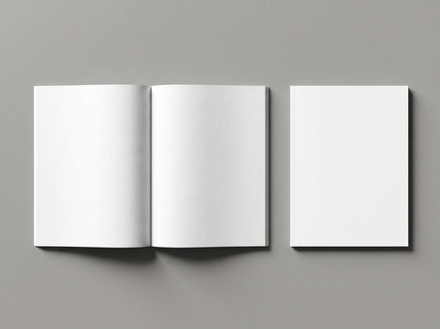 Three blank white square booklets, one closed and two open, on a neutral grey background, perfect for mockup designs.
