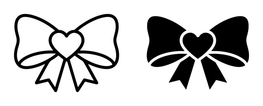 Heart Bow Icon Set, Simple Love Ribbon Vector Graphics, Outline and Silhouette for Design Elements