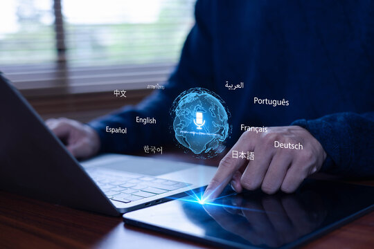 Multilingual translation concept featuring a professional using digital technology, laptop and tablet with global language icons for communication, localization, education and international business.