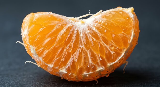 Close-up of a juicy tangerine slice with segments and pith