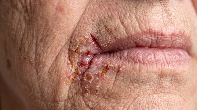 Extreme close up of angular cheilitis and sore cracked lips on senior skin